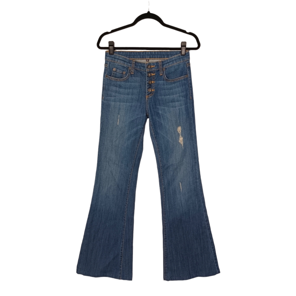Carmar Distressed Flare Bell Hem High Rise Button Fly Medium Blue Denim Jeans 27